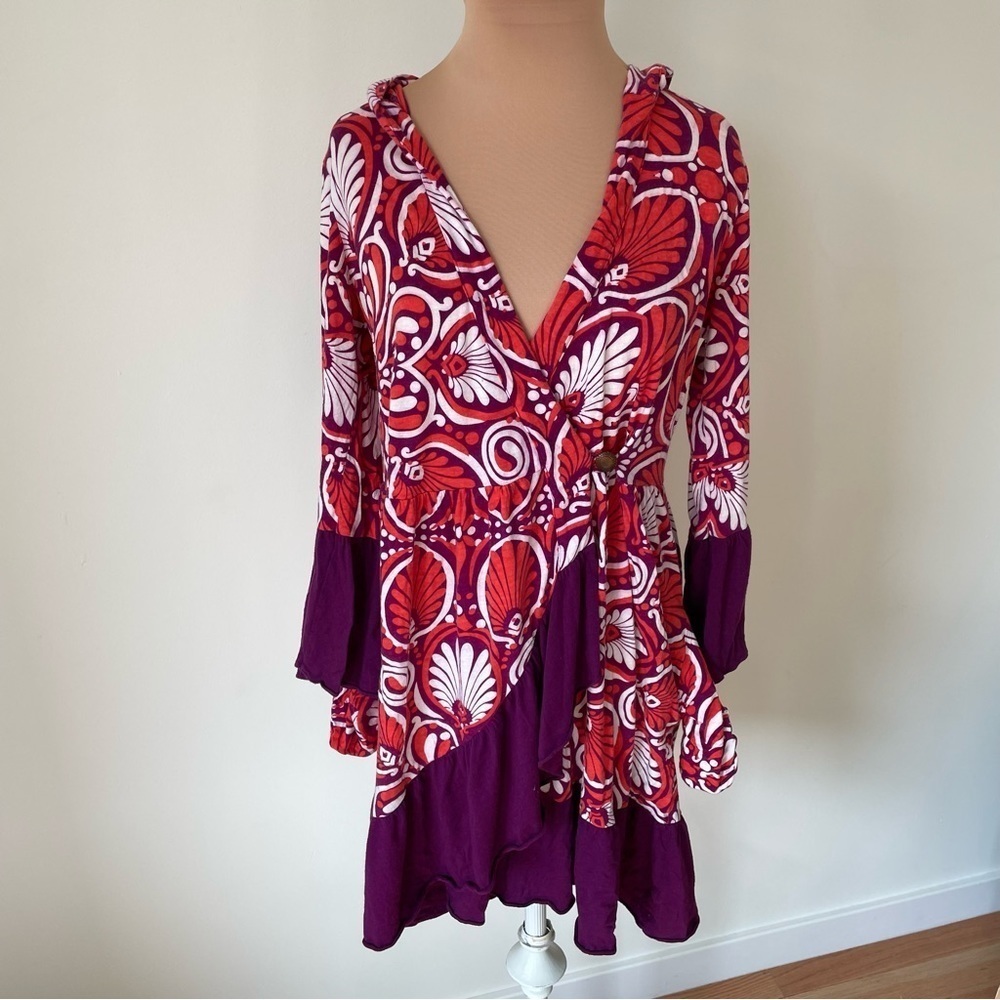 Anthropologie Lilka Hooded Multicolor Printed Long Sleeve Wrap Dress EUC Size S